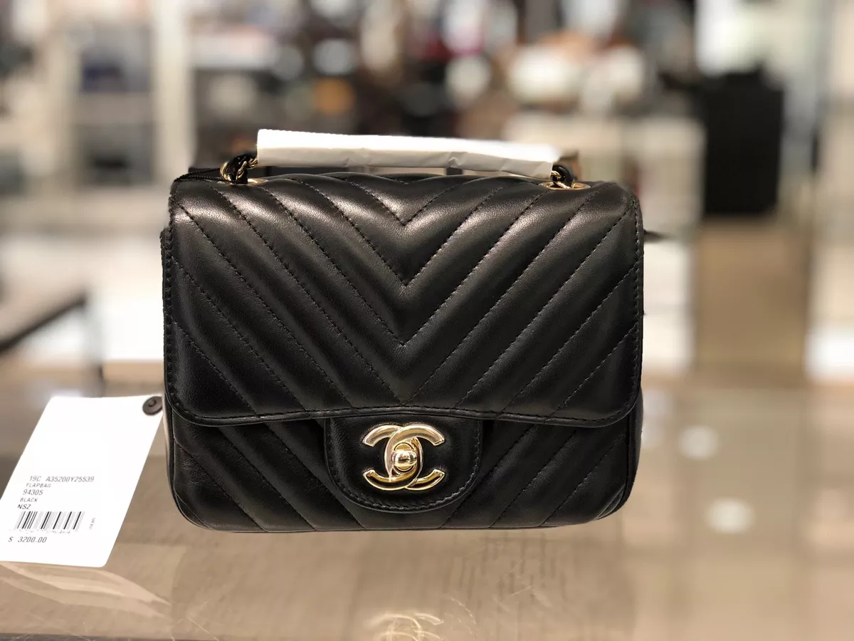 CHANEL Black Chevron Lambskin Mini Square Flap Bag Gold hardware