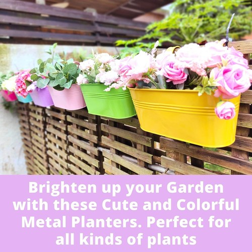 Metal Iron Hanging Flower Pots, 6 Pack, 9.8 Inch Colorful Railing Fence Hanging - Picture 4 of 8
