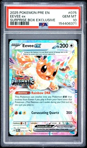 2025 POKEMON PRISMATIC EVOLUTIONS SURPRISE BOX EXCLUSIVE #075 EEVEE EX PSA 10