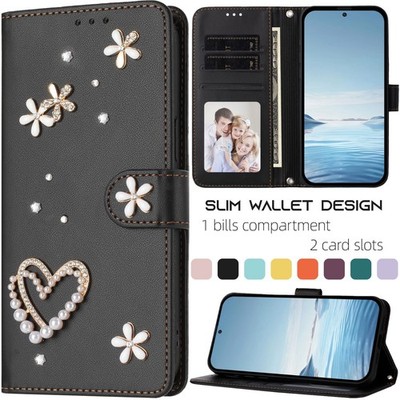 For Samsung S26 S25 S24 S23 S22 S21+ Luxury Diamond Heart Wallet Flip Case Cover