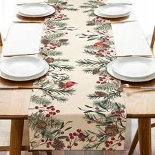 Winter Pine Needle Branches Table Runner, Pine Cone Cardinal Red Birds Berry ...
