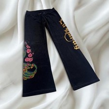 Ed Hardy black velour flare pants peacock graphic y2k vintage grunge skater