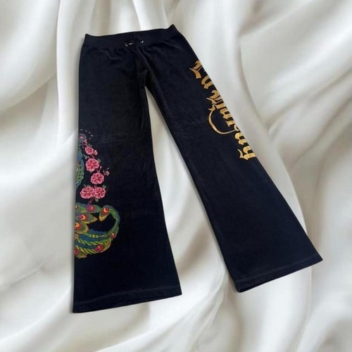 Ed Hardy black velour flare pants peacock graphic y2k vintage grunge skater
