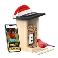 Smart Bird Feeder w/ Camera Solar Powered Wood Design HD Video AI Bird Detection