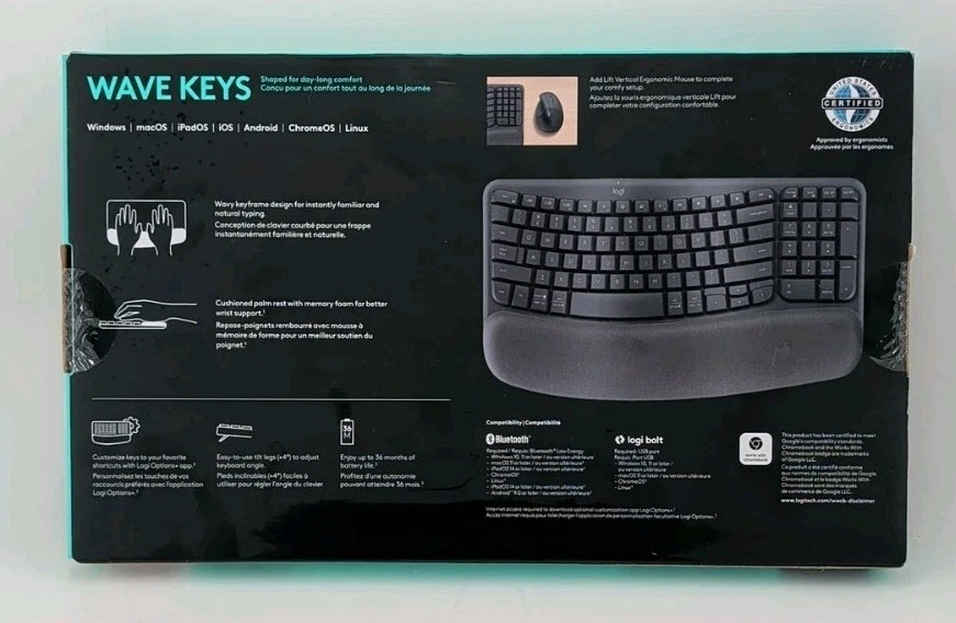Logitech Wave Keys Wireless Ergonomic Keyboard with Cushioned Palm Rest Graphite - Image 2 of 4