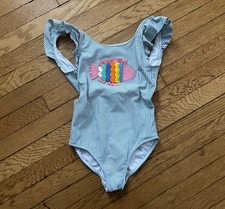 Mini Boden Girls 7/8 Swimsuit Blue Seer Sucker Pinstripe Ruffle Shoulder Fish