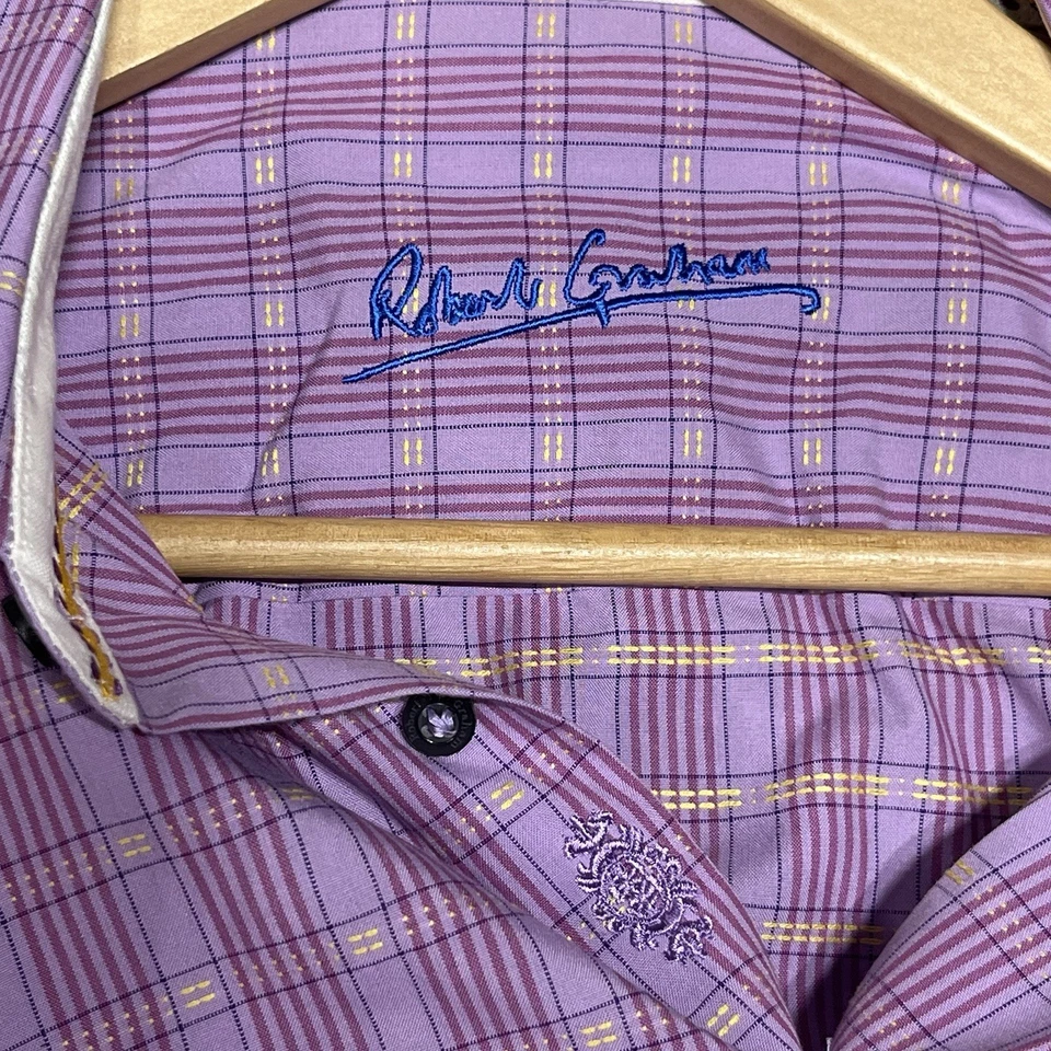 Robert Graham Boy Large 14-16 Purple Plaid Clock Flip Cuff Dress Shirt Stretch - Image 3 of 4