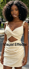 FINAL SALE Women's Beige Bodycon Dress Cut-Out Twist Front Ring V-Neck