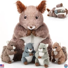 Poen 5-Piece Squirrel Plush Set - 14" Mommy with 4 Cuddly Babies, Ideal Gifts