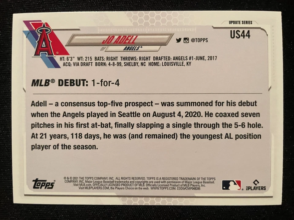 Jo ADELL RC 2021 Topps Update Series #US44 Los Angeles Angels - Image 2 of 2