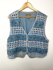 Vintage Blue Denim Lattice Embroidered Cottage Floral Waistcoat Vest 90s L XL