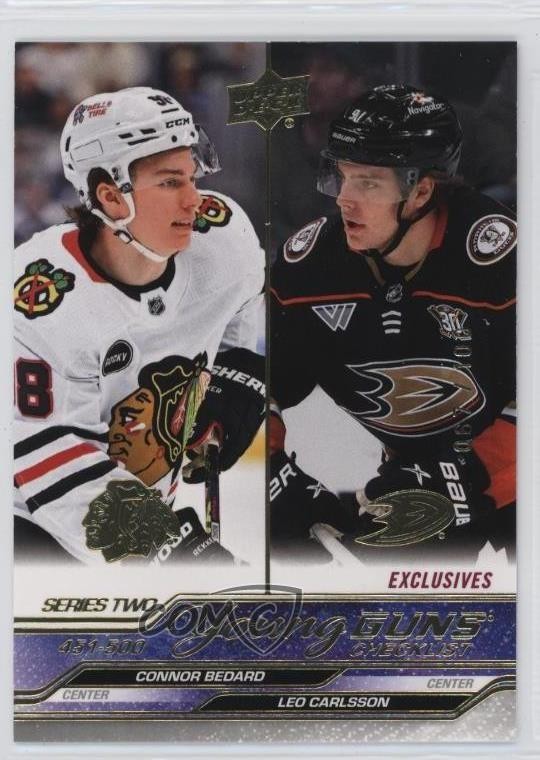 2023 Upper Deck Checklist Exclusives /100 Connor Bedard Leo Carlsson #500 Rookie view 1