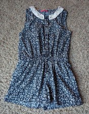 Young Dimension Girls Size 5-6 Floral Romper Navy Blue Lace Collar