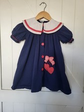 VTG Childs Girls Dress Large Collar Embroidered Hearts Red White Blue Size 5