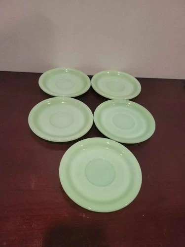 5 Fire King Jadeite Jane Ray Ribbed Saucers Anchor Hocking Glass