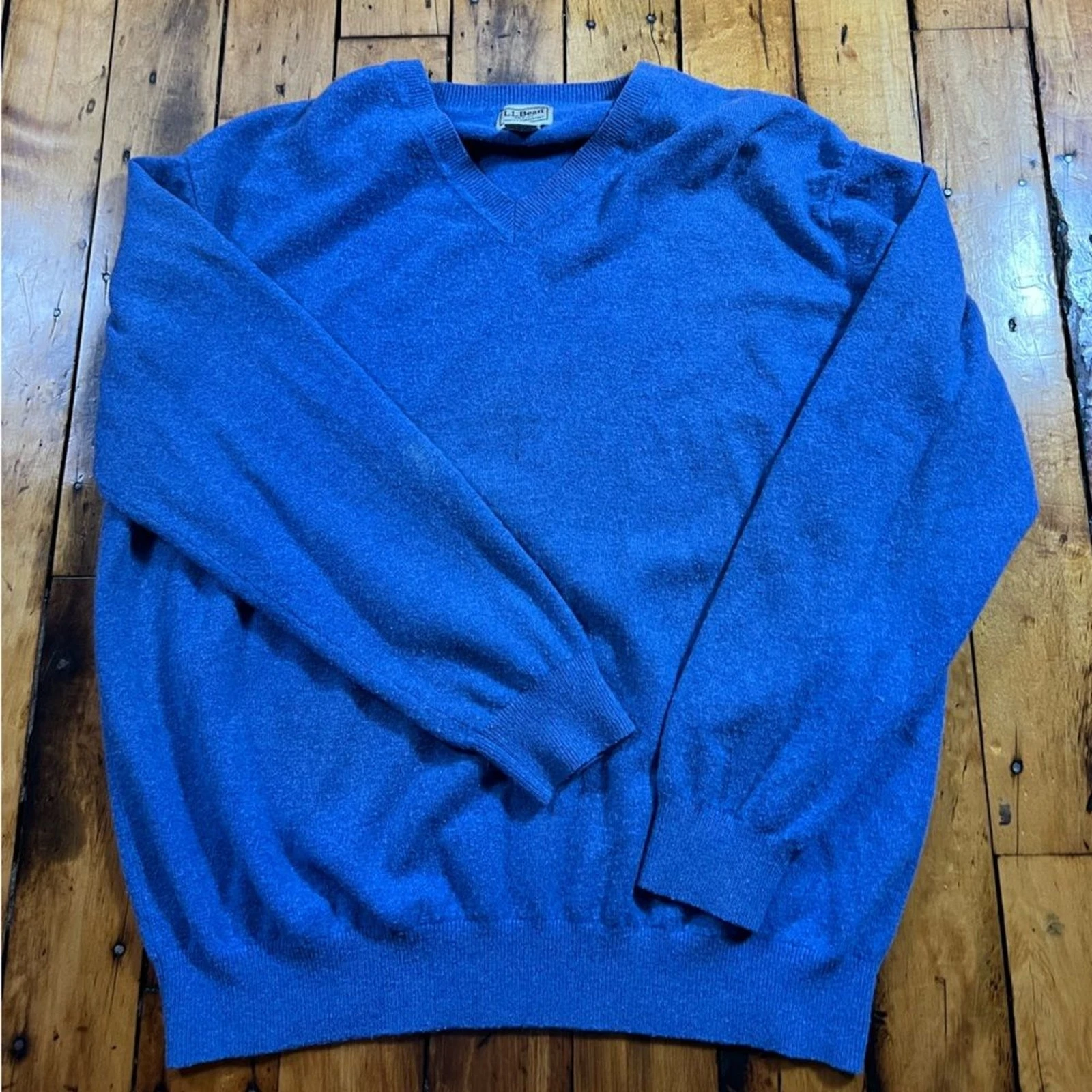LL Bean Men’s XL Tall 90% Cashmere Blue V Neck Pullover Sweater Wool Flaw Read*