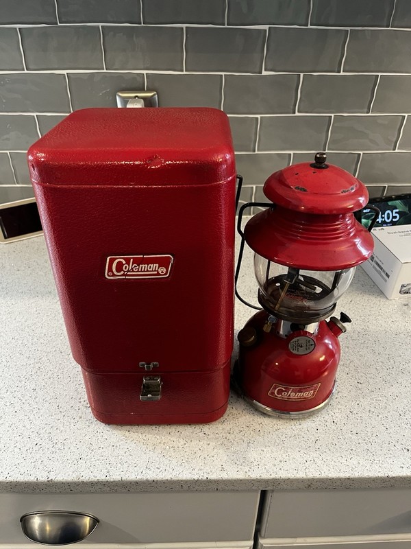 Vintage Coleman 200A Red Single Mantle Lantern With Red Guillotine Case