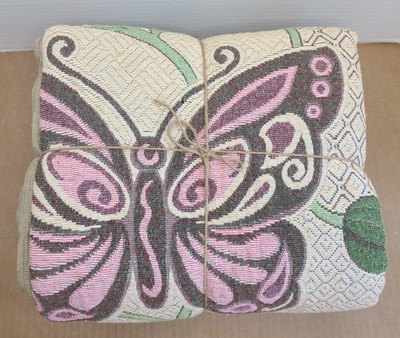 Vntg Butterflies And Flowers Cover Coverlet Bedspread 90×79 Boho Cottagecore