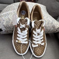 G by GUESS Women's Brown Logo Print Charm Lace Up Low Top Sneakers