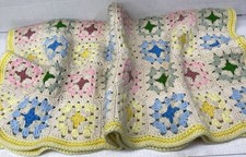 Handmade Crochet Granny Square Lap Baby Afghan Blanket Yellow Trim Multi 42 x 38