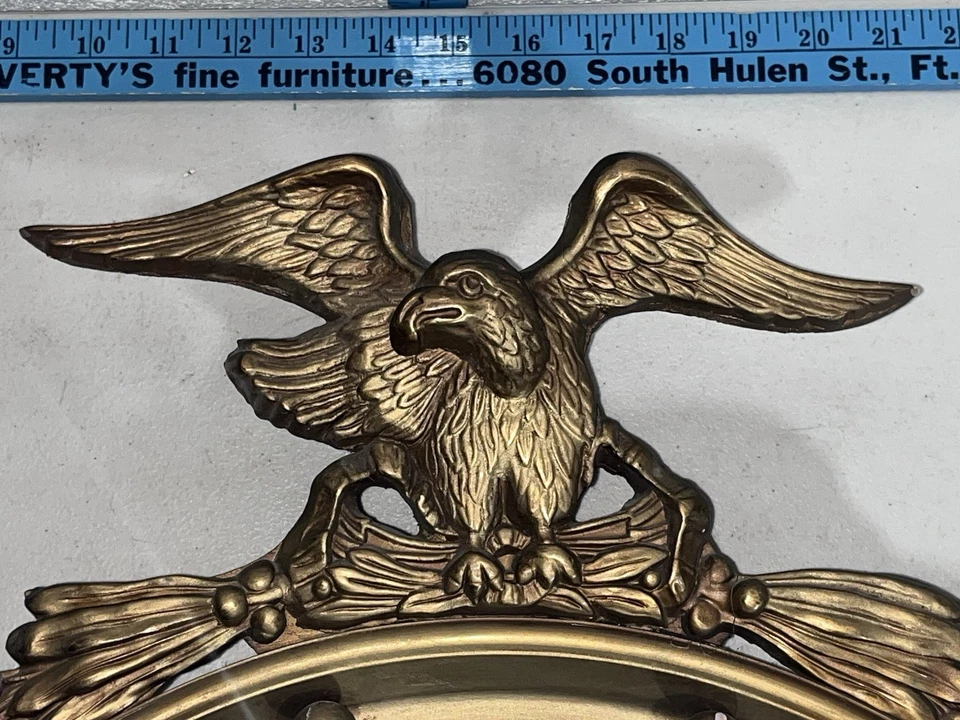 Antiguo Espejo Federal Oro Madera Águila Marco 13 Colonias Convexo Bullseye 28x20 Foto 2 de 4