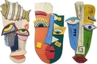 3 PC ABSTRACT Wood Picasso Style Tiki Wall MASKS Statues Sculpture Home Décor