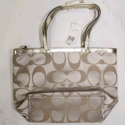 Coach 2 Handle Bag E1169-F17587 In Light Beige Green Lining Logo