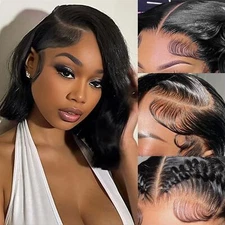 13x4 Bob Lace Front Wigs Human Hair Pre Plucked 200% Density Short Body Wave ...