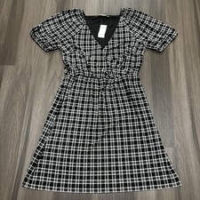 Loft Mini Dress Women’s XS Gingham Puff Sleeve Black White V Neck