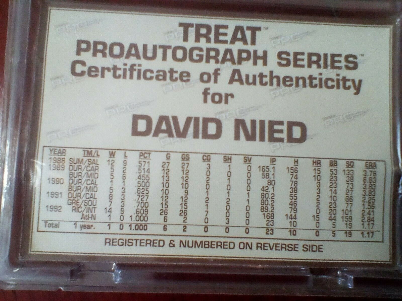 David Nied Signed Baseball Card Certificate of Authenticity