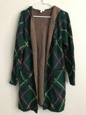 Denim Co Plaid Jacquard Open Front Cardigan Pocket -Evergreen Sz M a619119
