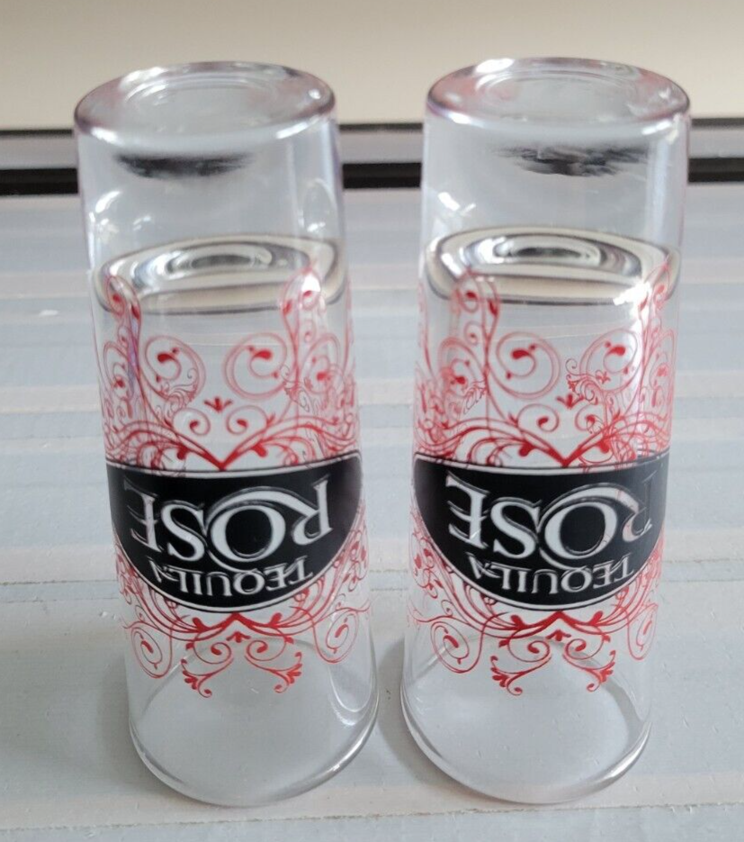 2 TEQUILA ROSE SHOT GLASSES ETCHED IN BLACK AND RED 4 INCHES HOLDS 2