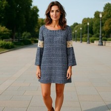 ING Blue Dress Womens Small Bell Crochet Sleeves Scoop Neck USA Made Size S
