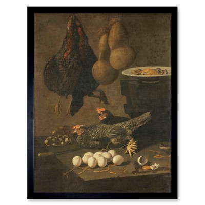 Recco Stillleben mit Hühnern und Eiern Gemälde Wandbild Kunstdruck gerahmt 12x16