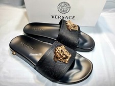 Men's Black Gold Versace Medusa Palazzo Sandals Slides Flip Flops Size 9 9.5