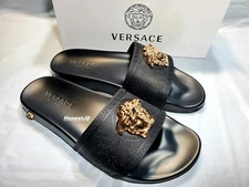 Men's Black Gold Versace Medusa Palazzo Sandals Slides Flip Flops Size 11 11.5