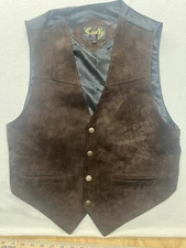 Scully Sueded Leather Vest Mens Size S Brown Button, Black Satin
