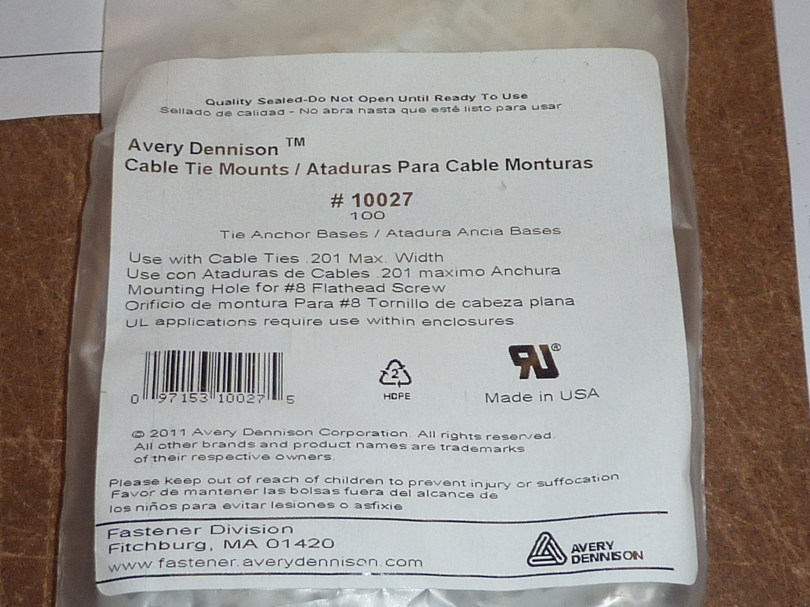 QTY (100) CABLE TIE MOUNTS AVERY DENNISON 10027 McMaster Carr 7566K28