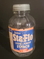 Vintage Staleys Sta-Flo Liquid Laundry Starch Glass Jar Jug 1/2 Gallon W/ZINC LD