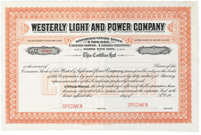 Westerly Light and Power Company. Certificat de stock