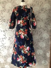 Missguided Size 12 Blue Floral Midi Dress Puff Sleeve empire line Fit flare NEW