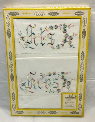 VTG Pair Boxed Harmony House Sears & Roebuck His/Hers Pillowcases Embroidered
