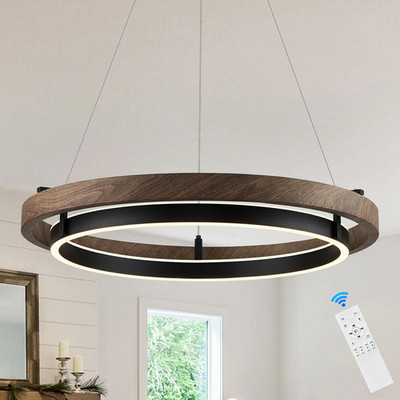 Dimmable LED Black Ring Chandelier with Walnut Wood for Dining & Living Room