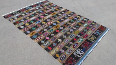 Handgeknüpfter Vintage Türkischer Woll Kelim Teppich Groß Tribal Handgewebt Bunt Rug 5x7