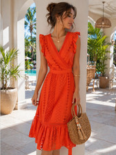 J.Crew Orange Eyelet Lace Midi Dress Ruffle Hem Tie Back Bow Wrap Style Sz 6