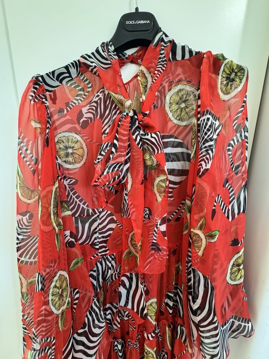Dolce & Gabbana Red, Black & White Zebra and Fruit Print Maxi