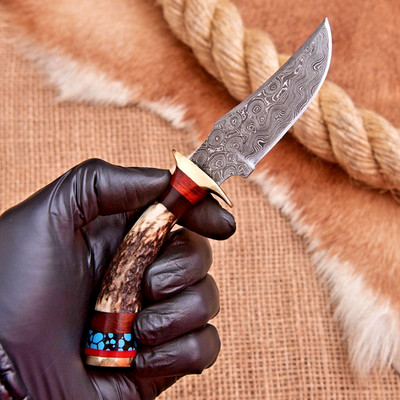 Custom Made Damascus Fix Blade Hunting Skinner Knife Original Stag Antler Handle