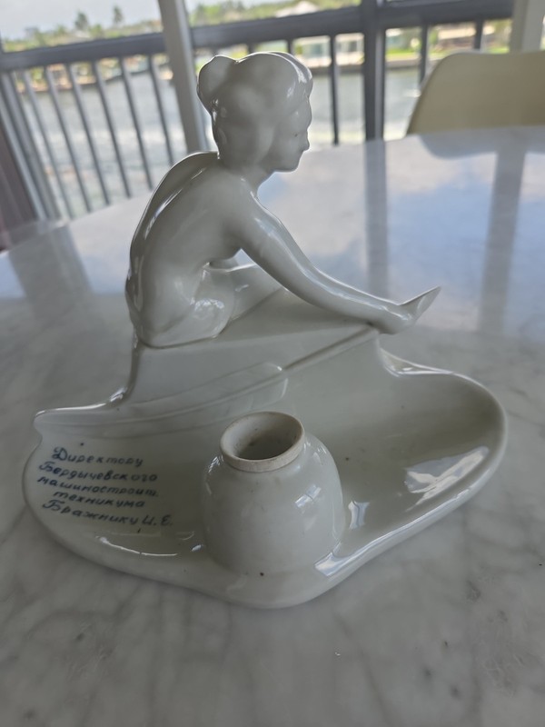 Soviet Era Porcelian Woman Ink Well With Russian Inscription 