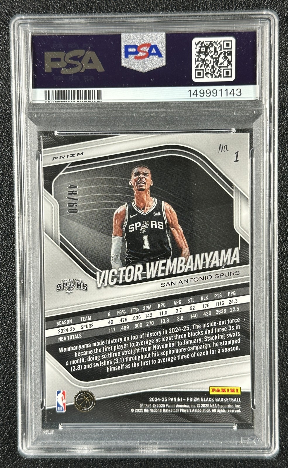 VICTOR WEMBANYAMA PSA 10 2024-25 PANINI PRIZM BLACK #1 ORANGE WAVE 48/60 SPURS view 2