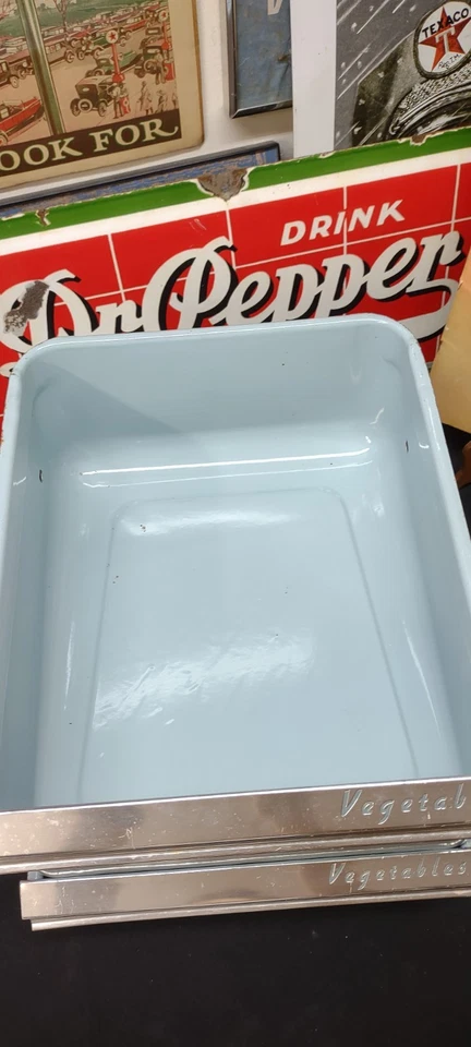 2 Vintage GE Porcelain Robin Blue Refrigerator Vegetables Drawers Storage Stack  - Image 2 of 4